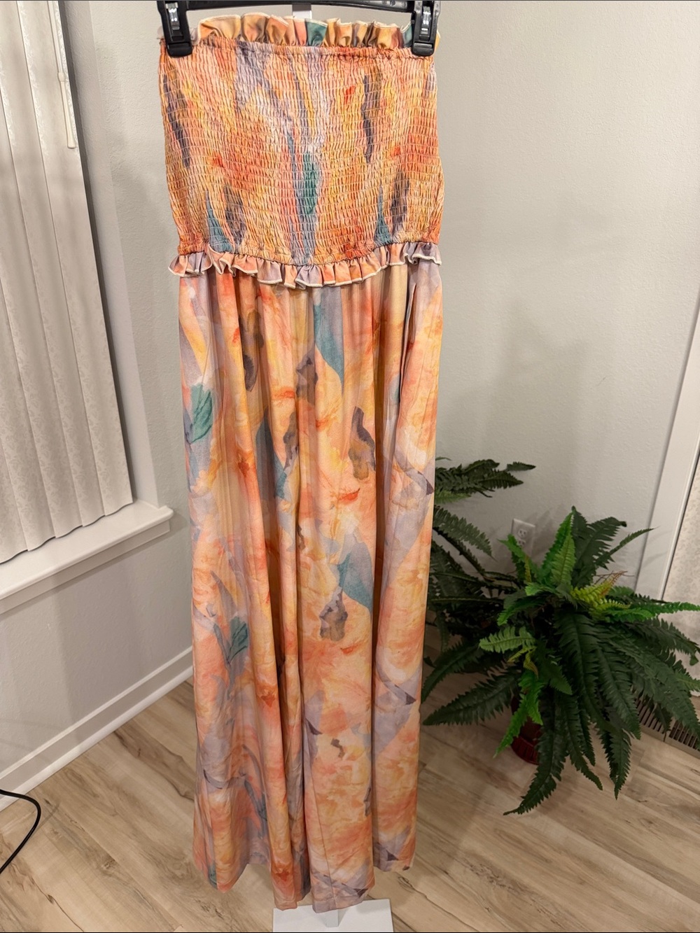 Strapless Smocked Maxi Jump Suit  in Peach Floral